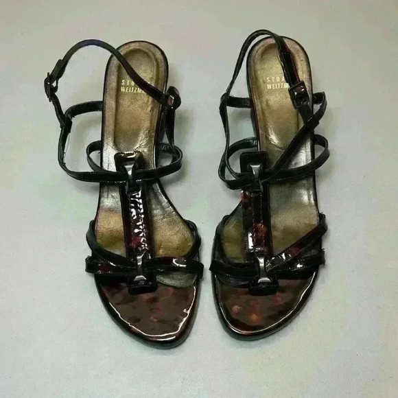 Stuart Weitzman Women’s Patent Tortoise Shell Strappy Wedge Sandals Size 10 - Picture 1 of 7